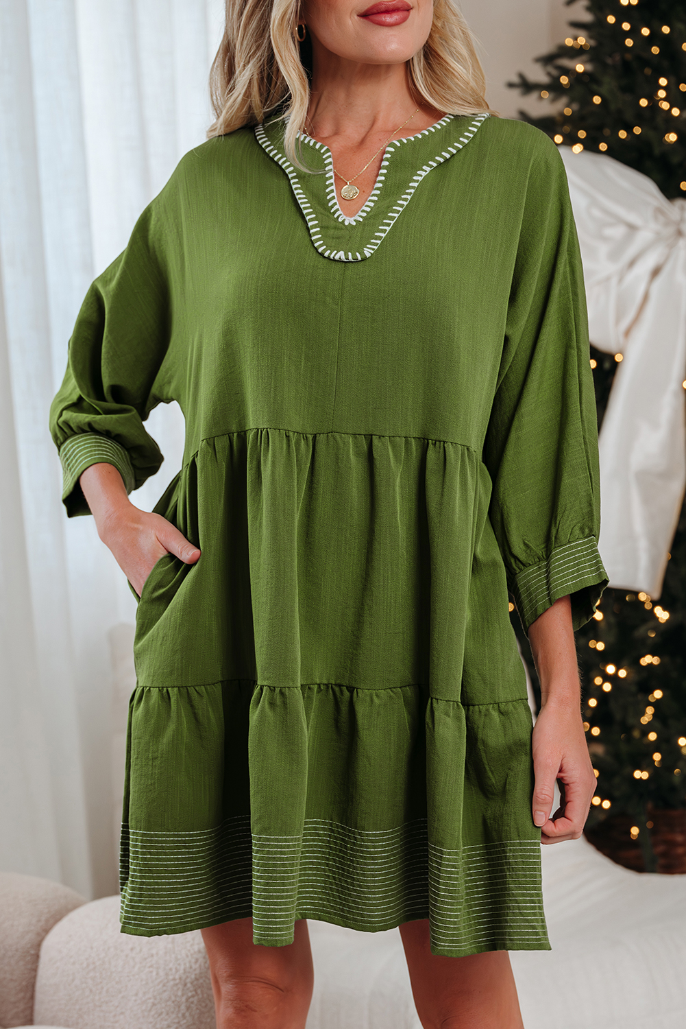 Black Contrast Stitched V Neck 3/4 Sleeve Tiered Mini Dress - loveforevers