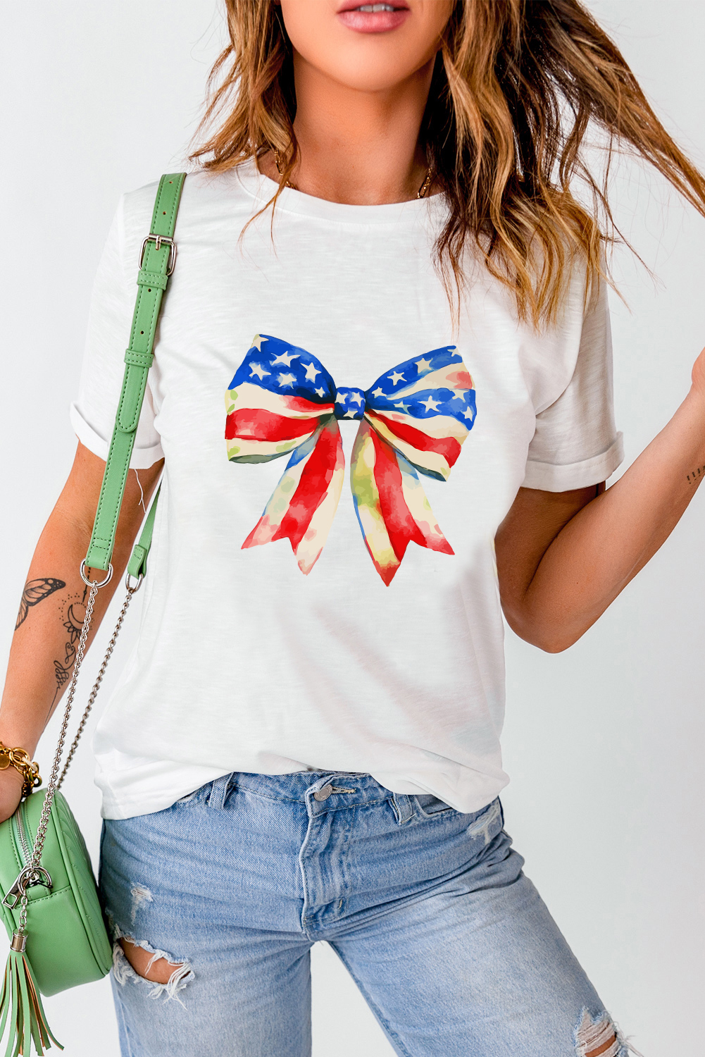 White Independence Day Splash Bow Pattern T Shirt - loveforevers