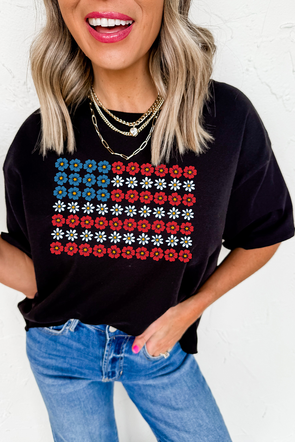 Black Cute Flowers Make Up American Flag Trendy Graphic T Shirt - loveforevers