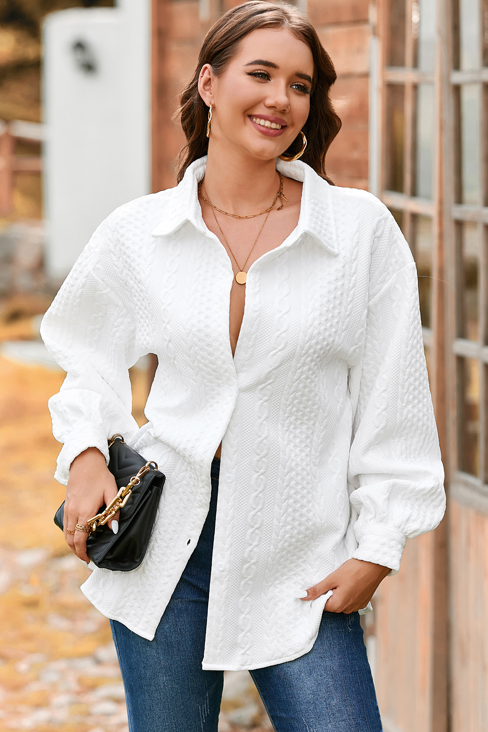 Sepia Rose Cable Texture Puff Sleeve Loose Shacket - loveforevers