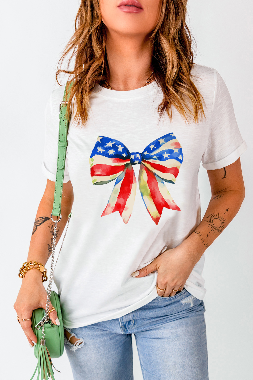 White Independence Day Splash Bow Pattern T Shirt - loveforevers