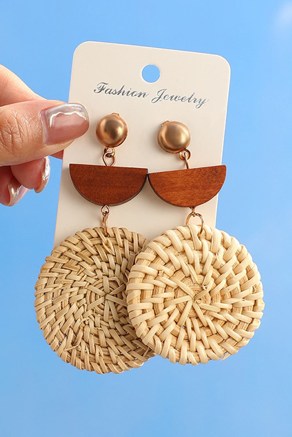 Beige Wooden Woven Disc Dangle Earrings - loveforevers