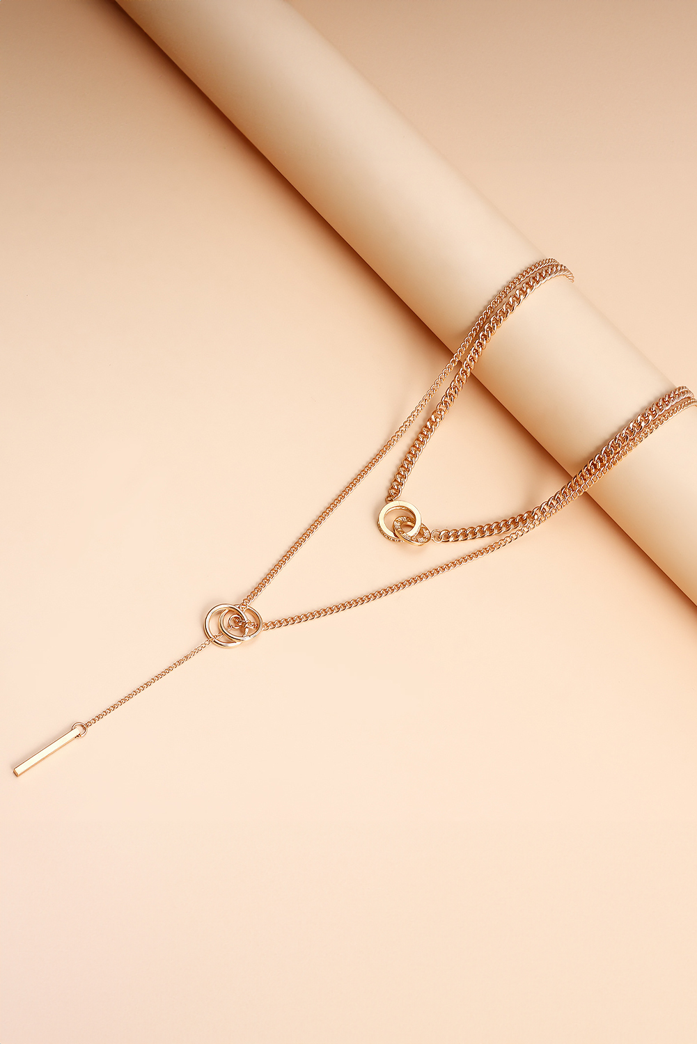 Gold Plated Double Layer O-Ring Long Stick Pendant Chain Necklace - loveforevers