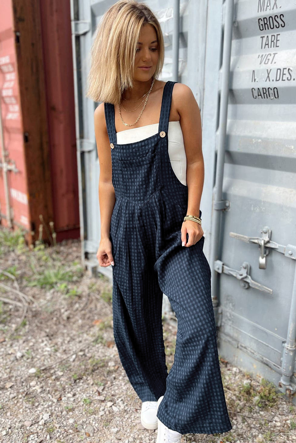 Sail Blue Plaid Print Buttoned Pocketed High Waist Overall - loveforevers