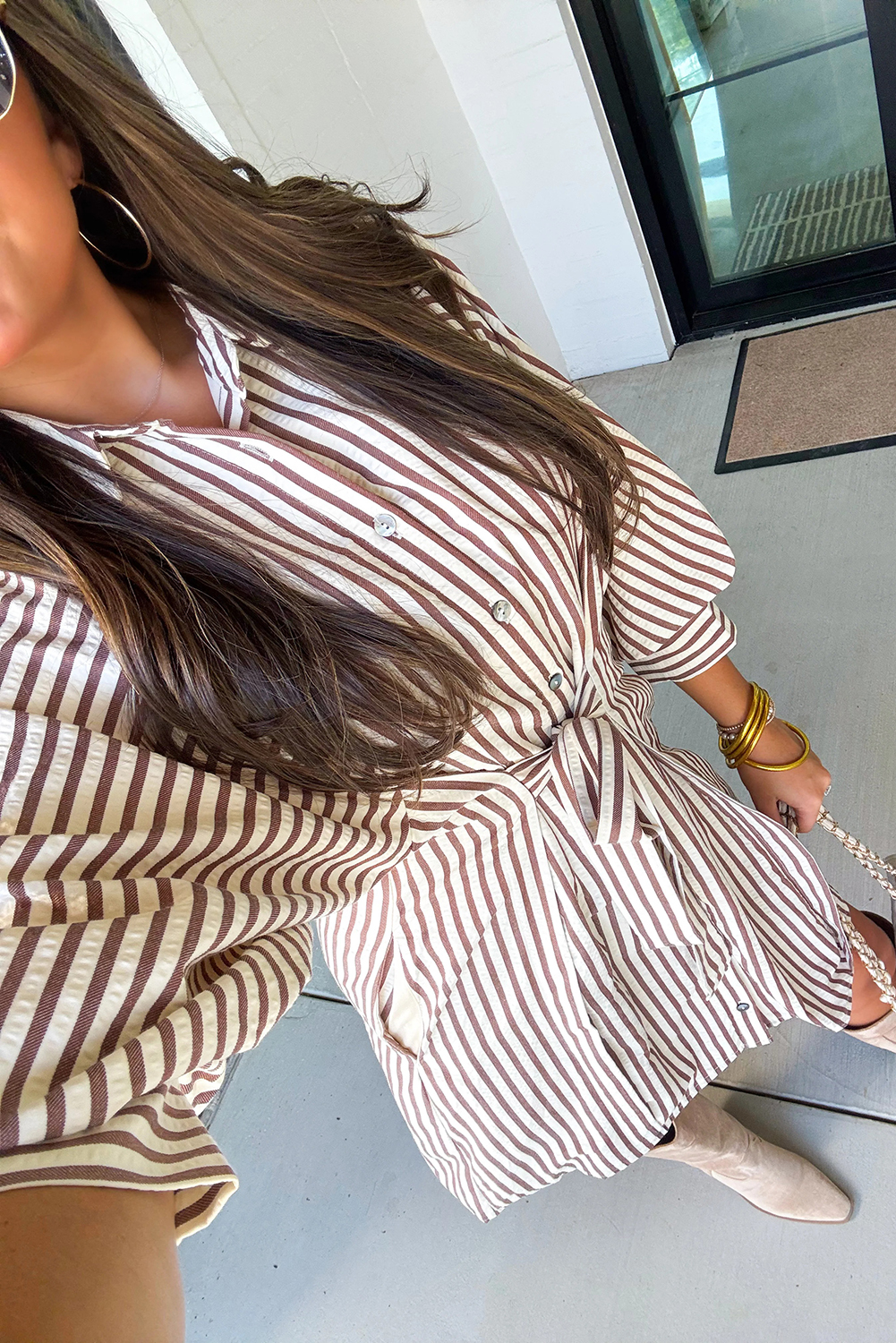 Brown Stripe Knot Waist Puff Sleeve Button Down Mini Shirt Dress - loveforevers
