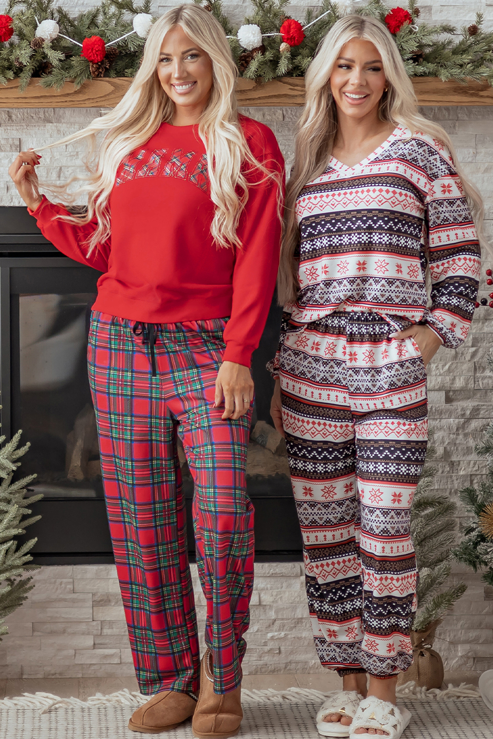 Red Plaid Mama Graphic Christmas Holiday Crewneck Pullover and Pants Two Piece Lounge Set - loveforevers