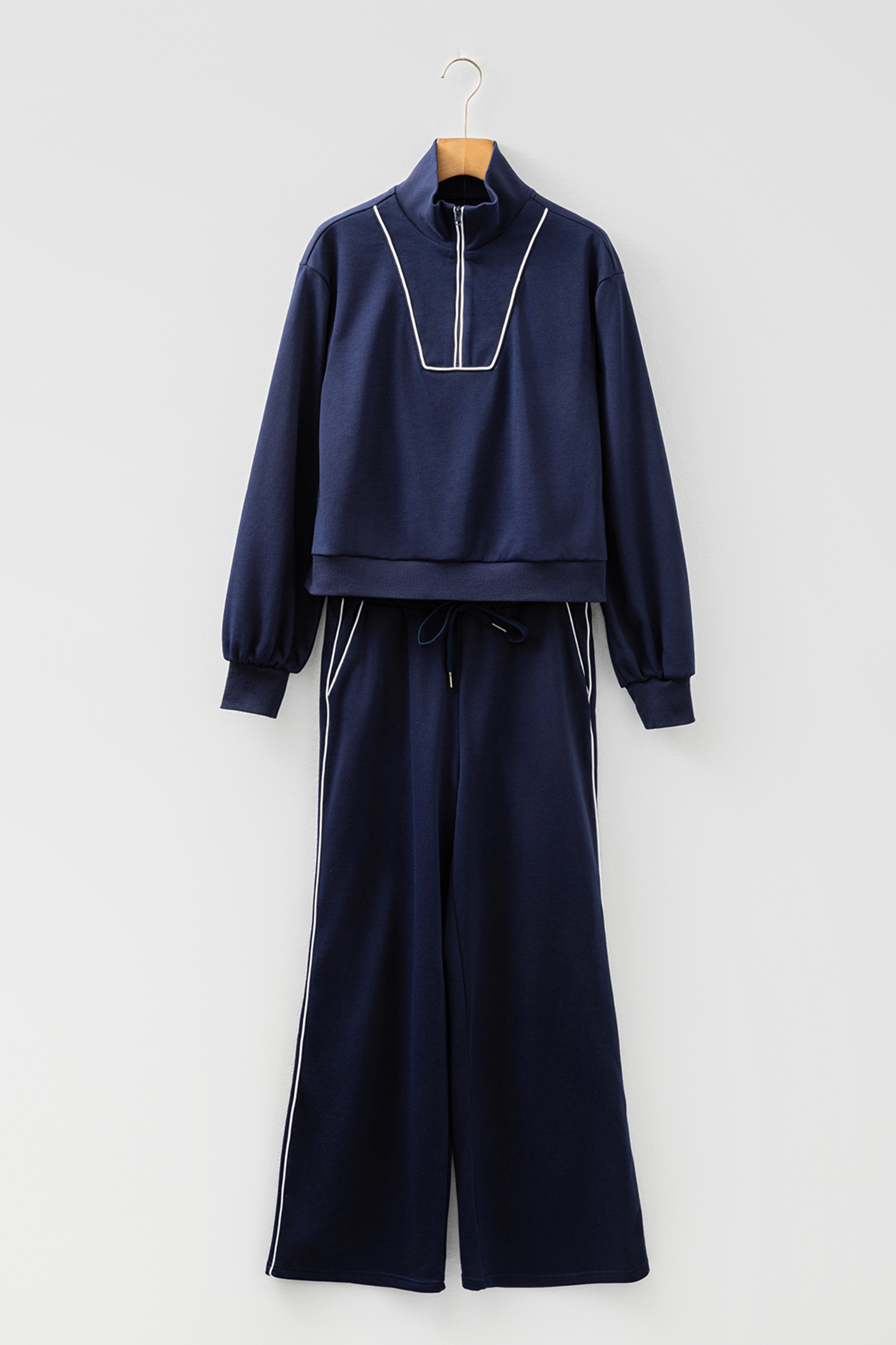 Navy Blue Contrast Piping Zipped Pullover Cropped Pants Set - loveforevers