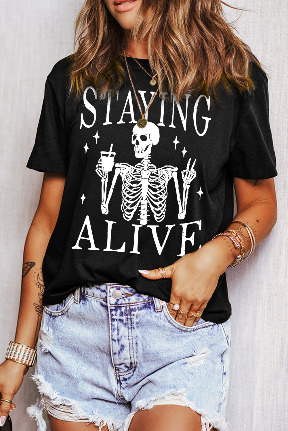 Black STAYING ALIVE Funny Skeleton Print Round Neck T Shirt - loveforevers