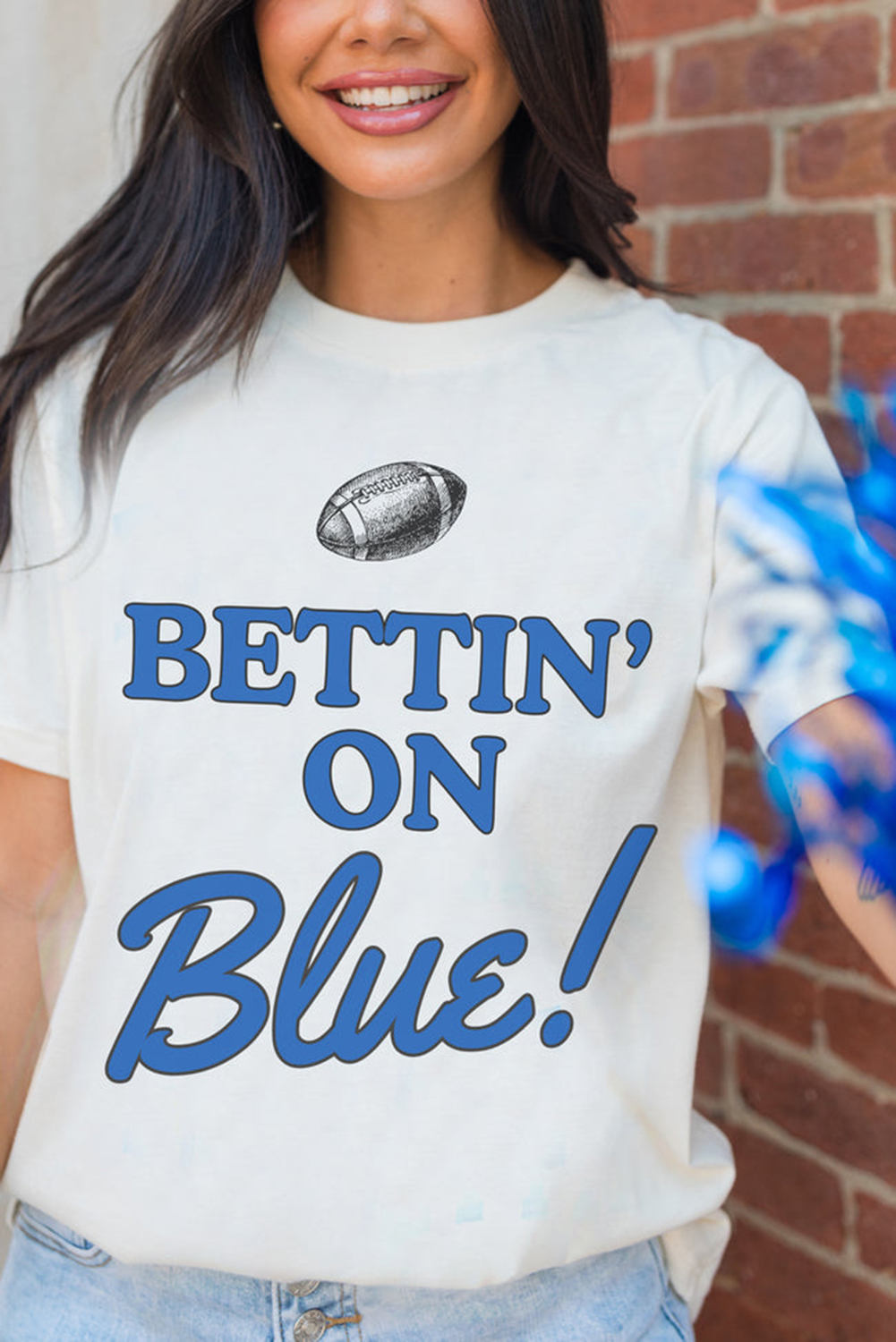 White Rugby Football BETTIN ON Blue Graphic Crewneck T Shirt - loveforevers