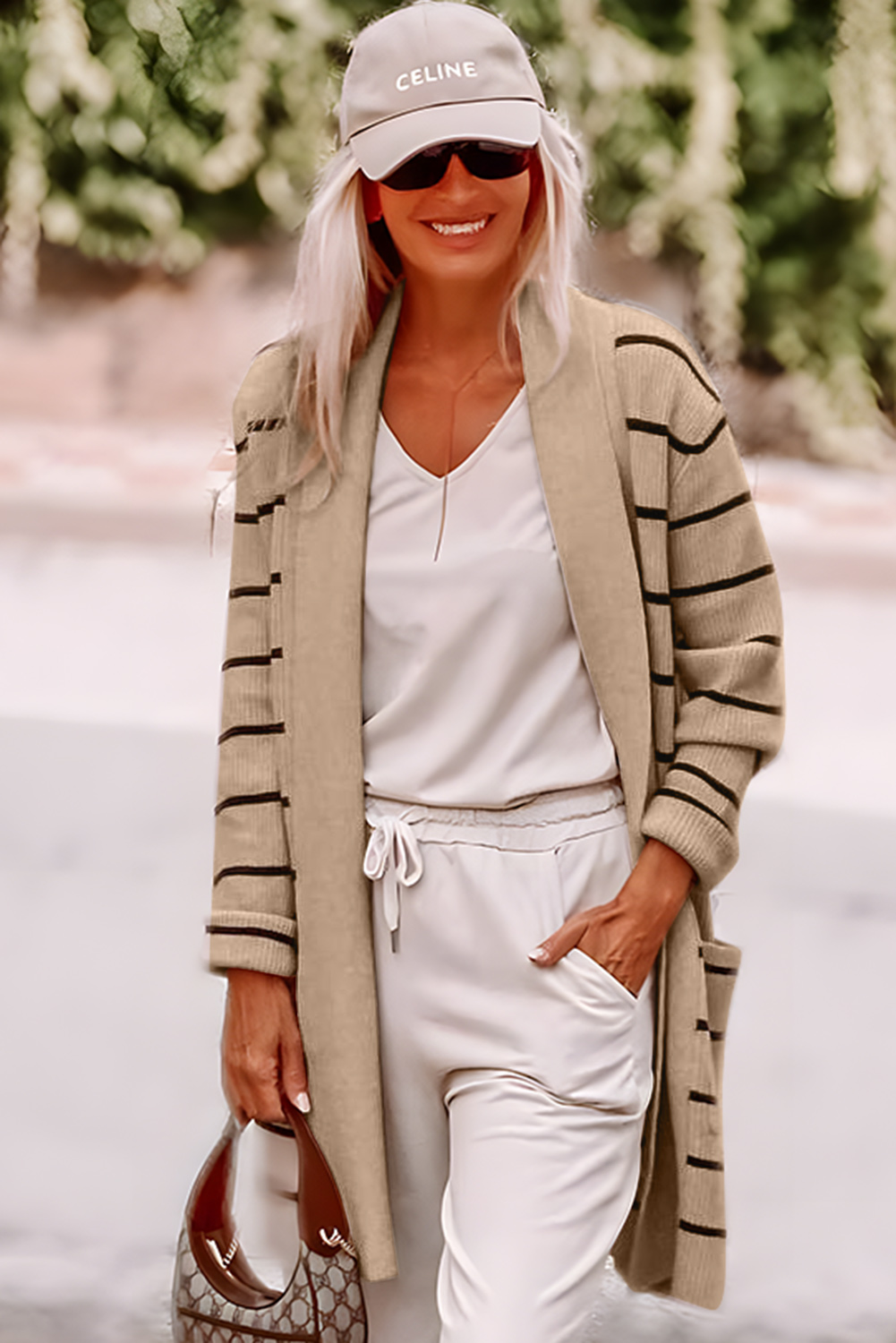 Black Stripe Shawl Neckline Open Cardigan with Pockets - loveforevers