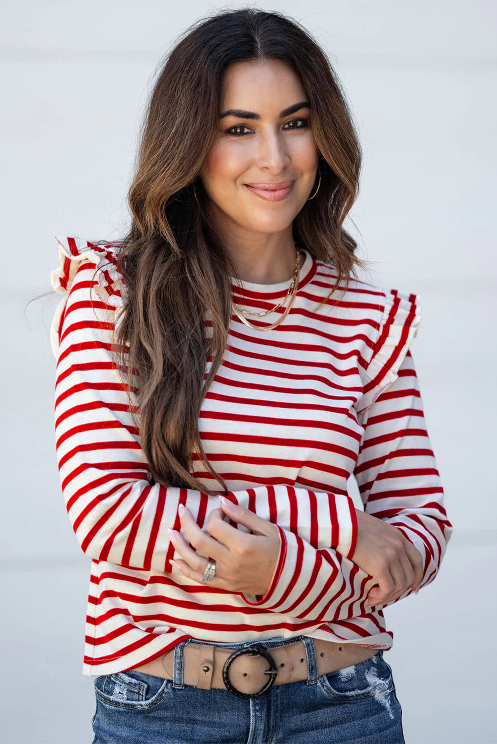 Red Stripe Round Neck Ruffle Trim Long Sleeve Top - loveforevers