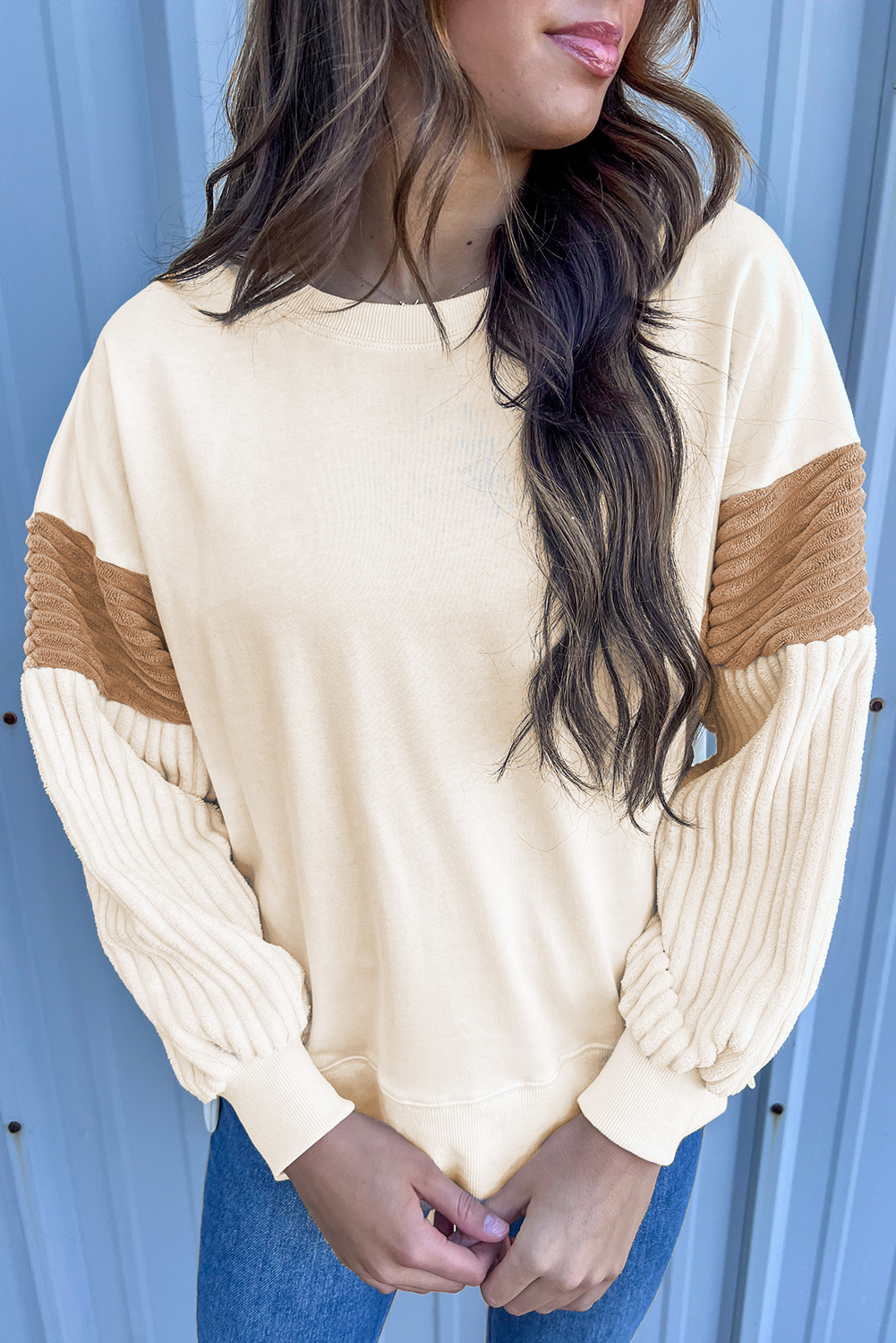 Apricot Corduroy Patchwork Drop Shoulder Long Sleeve Sweatshirt - loveforevers