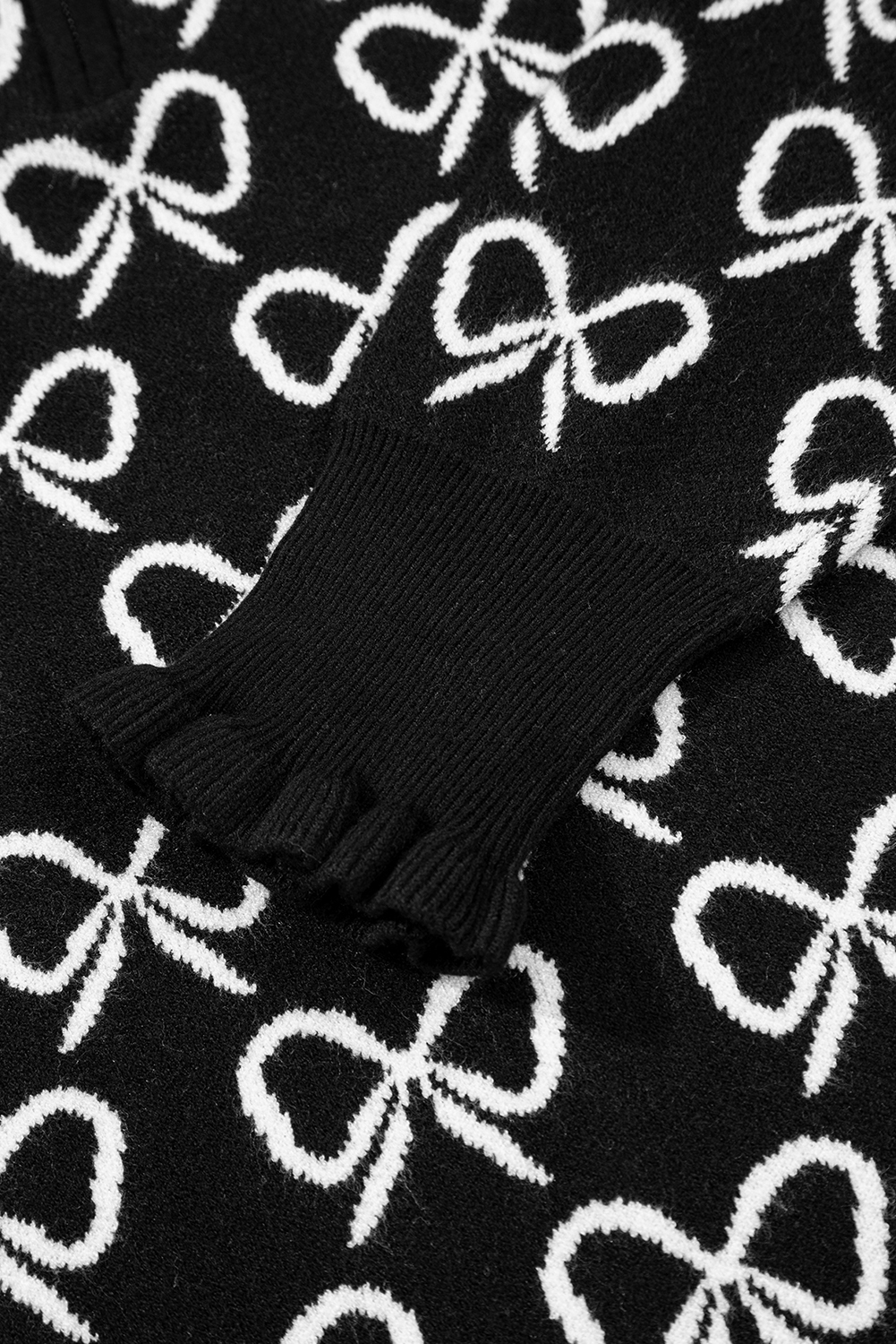 Black Cute Bow Pattern Drop Shoulder Zipped Collar Sweater - loveforevers