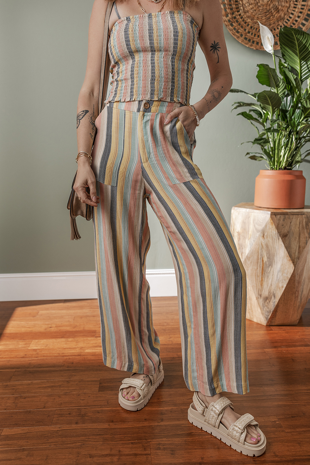 Multicolour Vertical Striped Smocked Cami Top Wide Leg Pants Set - loveforevers