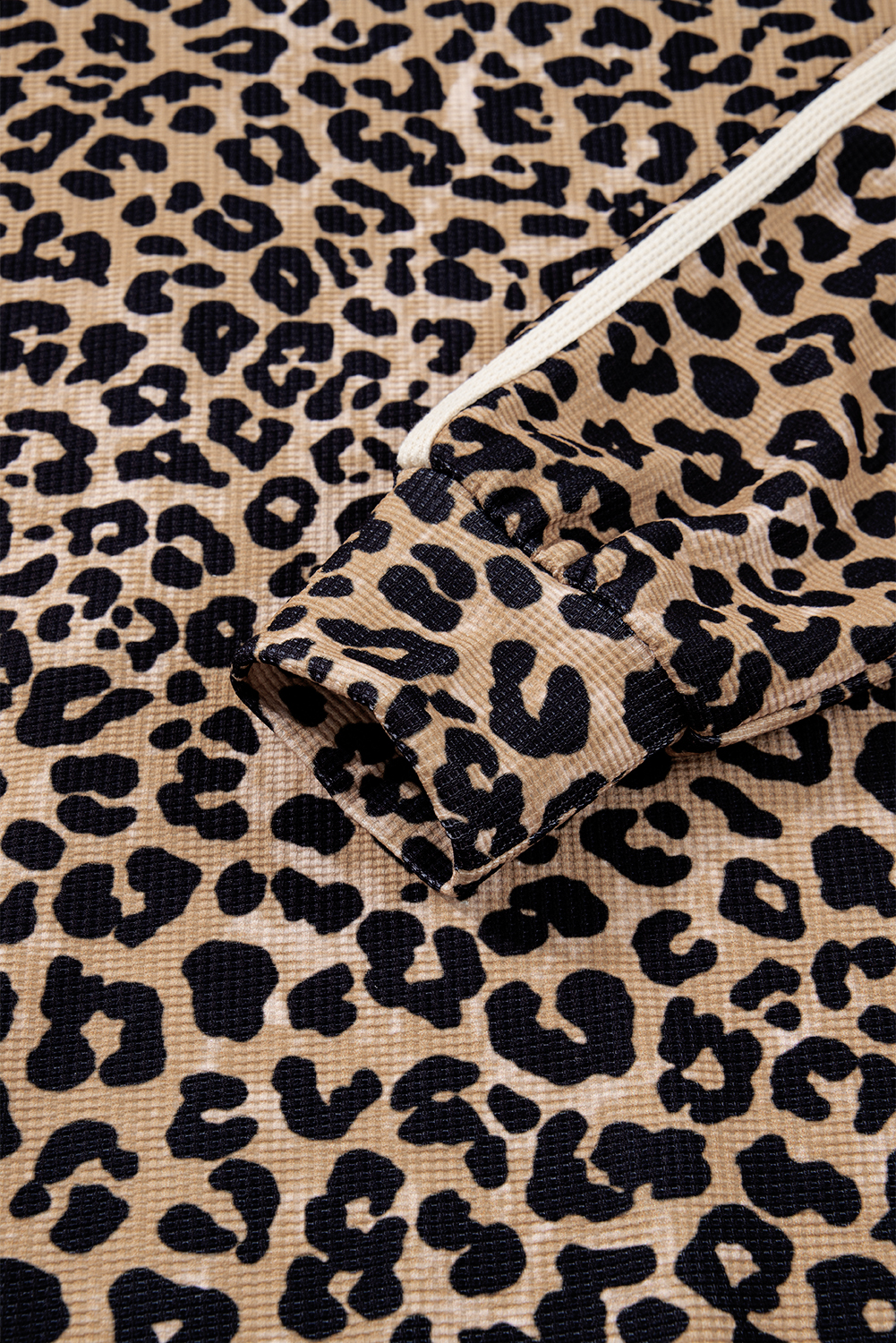 Leopard Print Waffle Contrast Kangaroo Pocket Hooded Sweatshirt - loveforevers