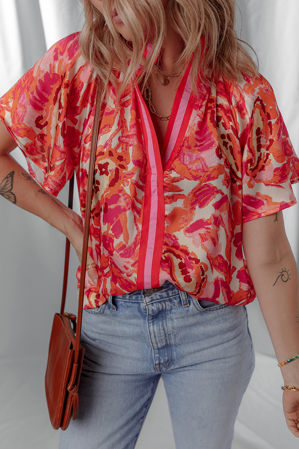 Rose Abstract Print Striped Trim Split Neck Blouse - loveforevers