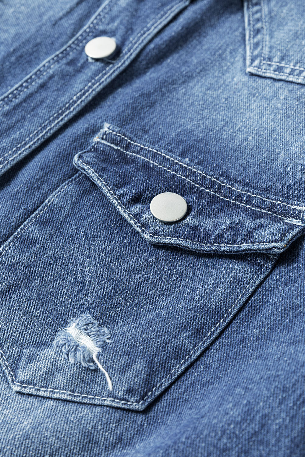 Sky Blue Light Wash Distressed Frayed Long Denim Jacket - loveforevers