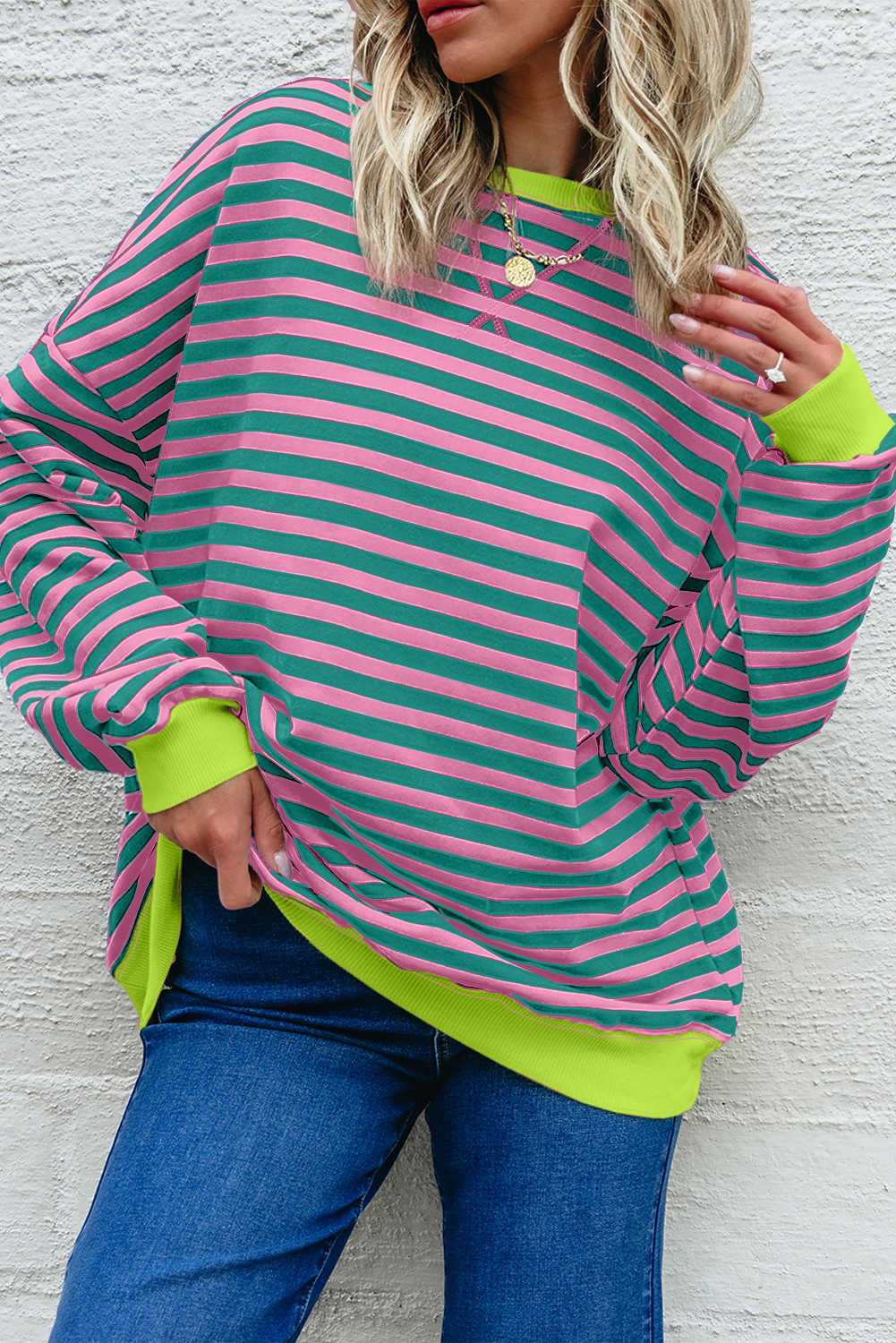 Red Stripe Contrast Ribbed Trim Crossed Stitch Drop Shoulder Sweatshirt - loveforevers