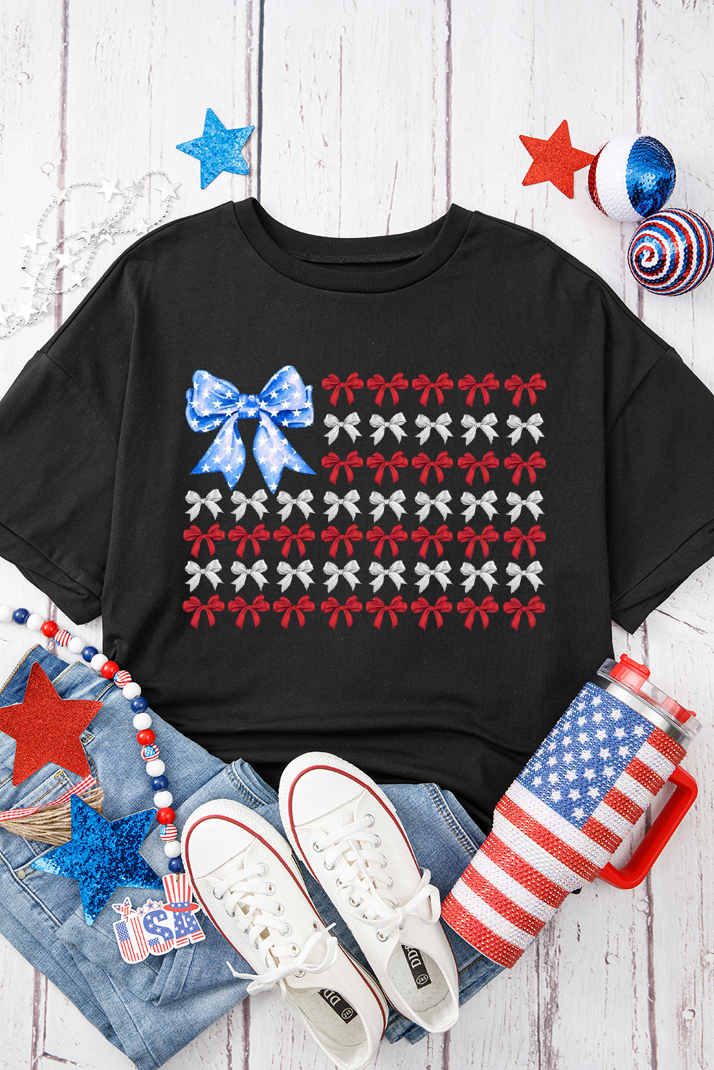 Black American Flag Inspired Bow Graphic Drop Shoulder T Shirt - loveforevers