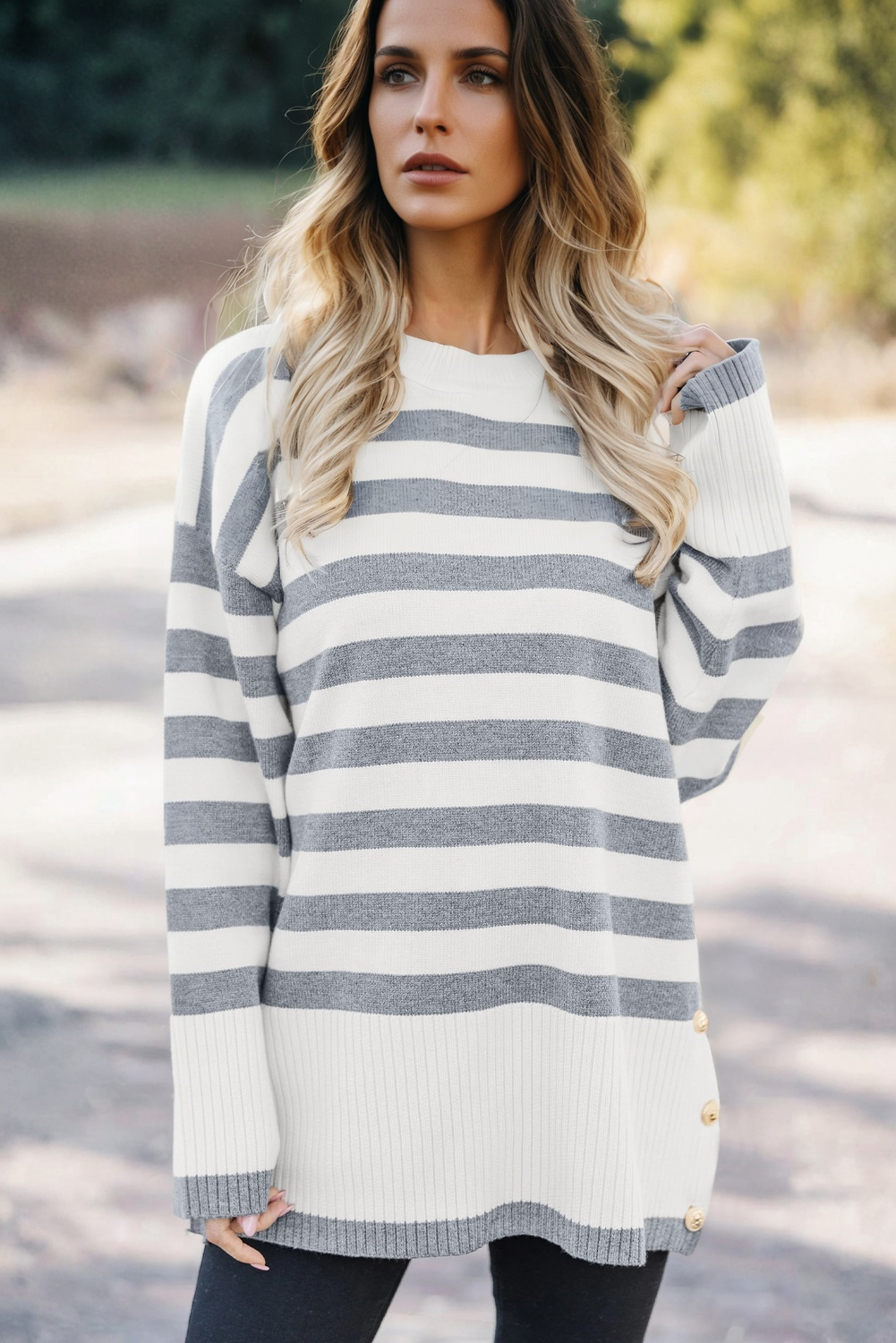 Gray Stripe Ribbed Buttoned Detail Drop Shoulder Tunic Sweater - loveforevers