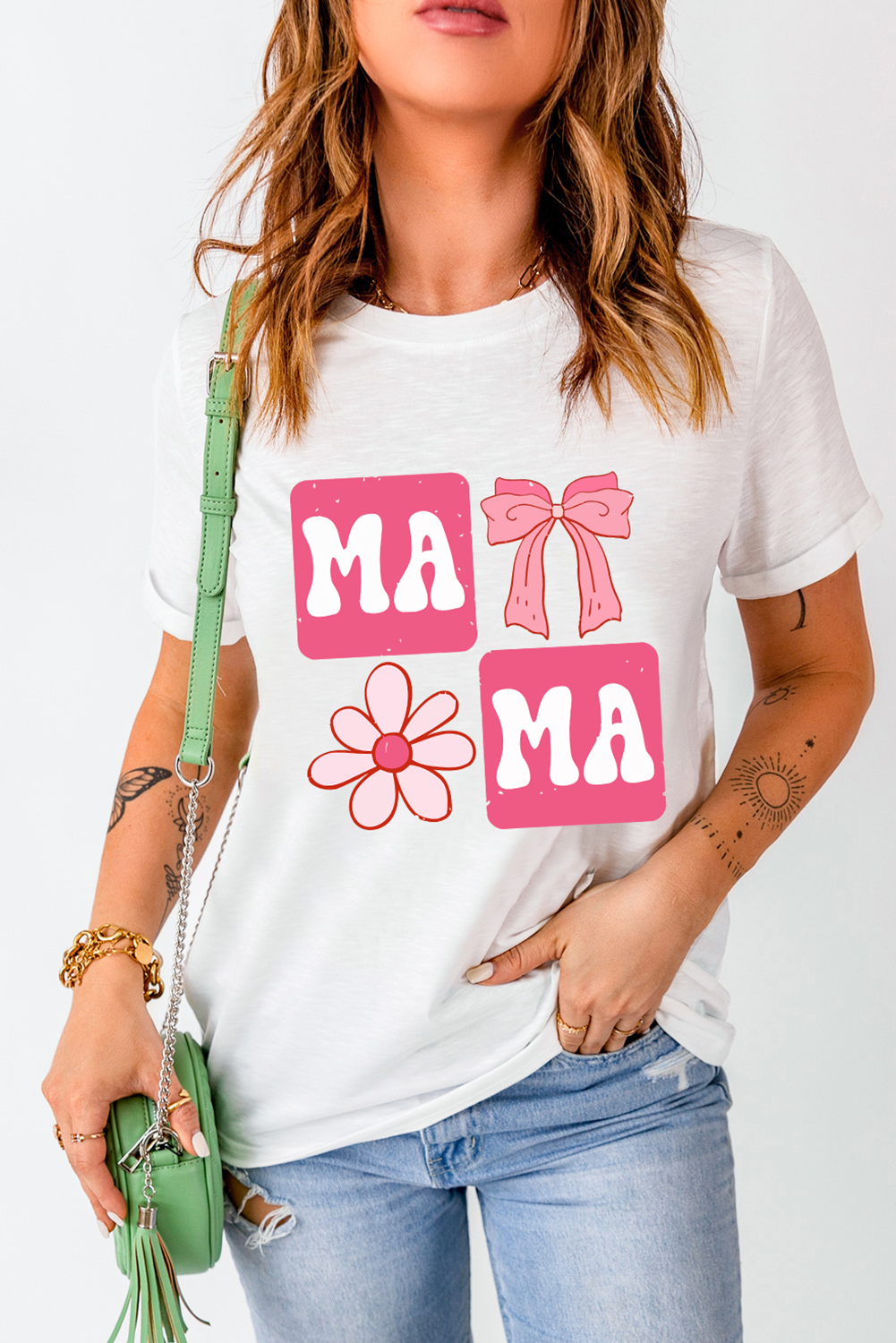 White MAMA Bow Flower Print Crewneck T Shirt - loveforevers
