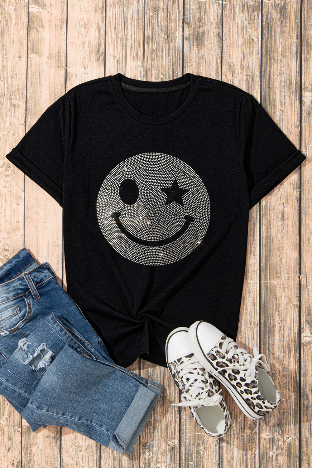 Black Sparkle Rhinestone Smile Face Graphic T Shirt - loveforevers