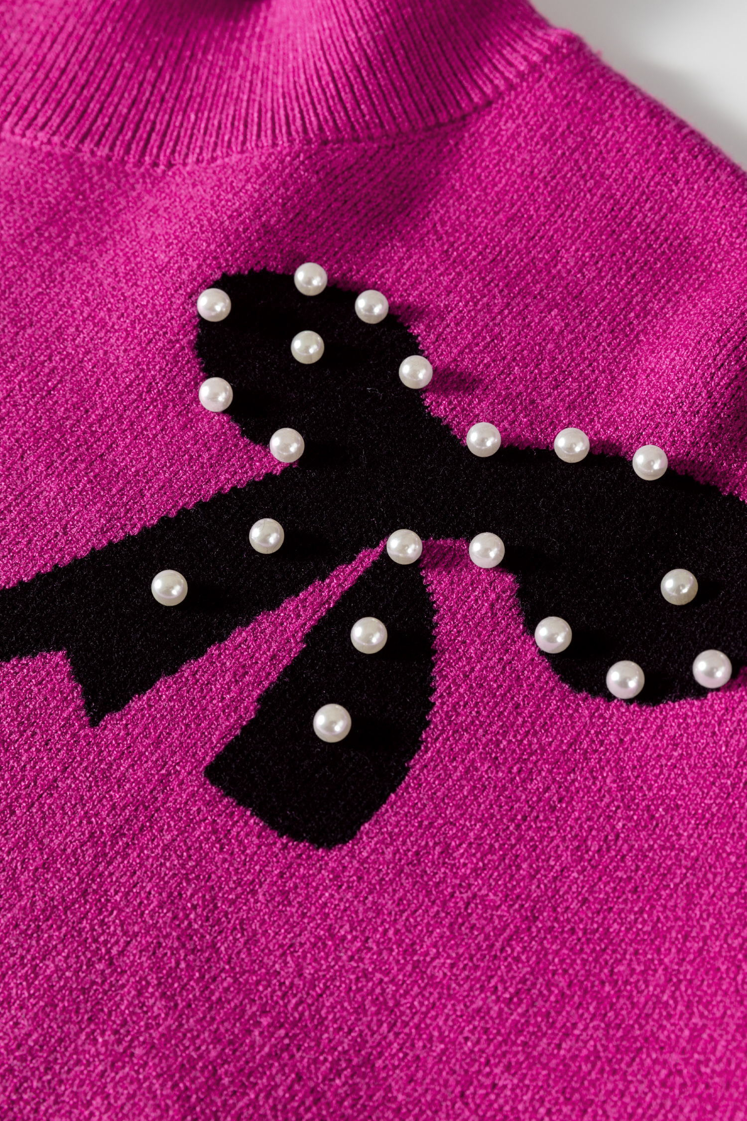 Bright Pink Pearl Embellished Bow Pattern Loose Sweater - loveforevers