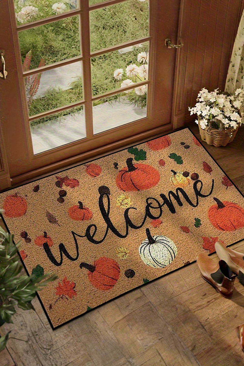 Thai Curry Welcome Fall Pumpkin Leaf Pattern Plush Entrance Mat - loveforevers