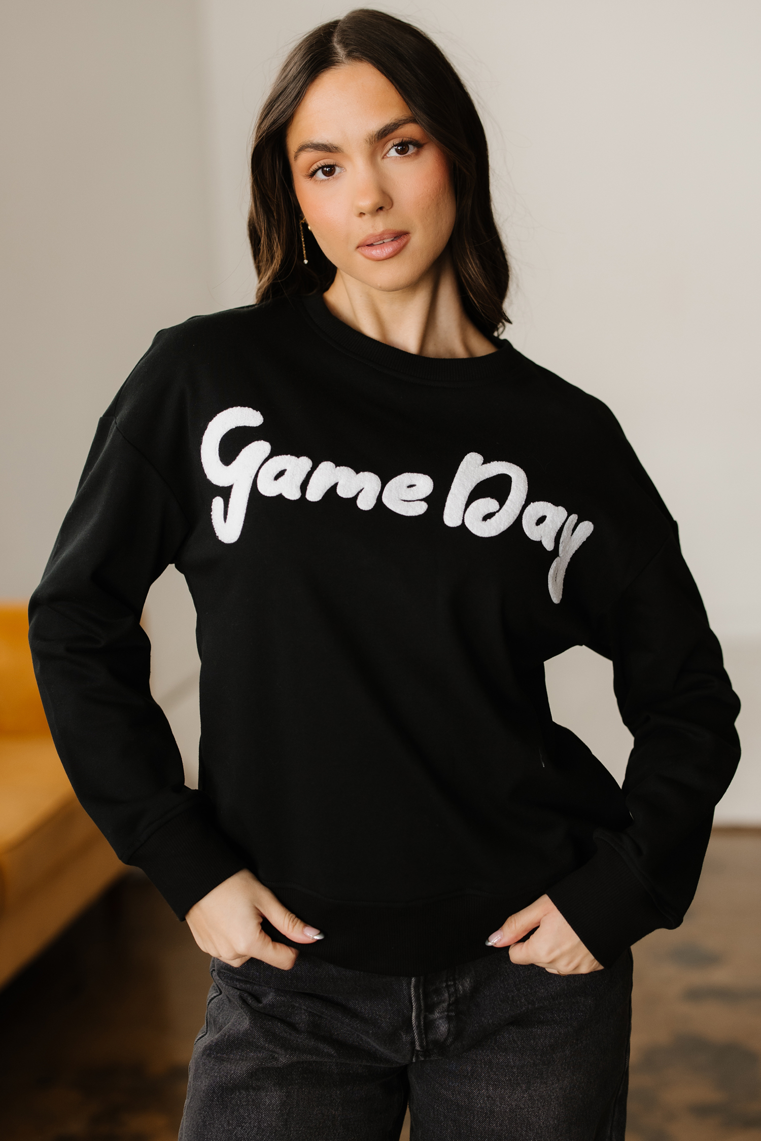 Black Chenille Game Day Graphic Drop Shoulder Sweatshirt - loveforevers