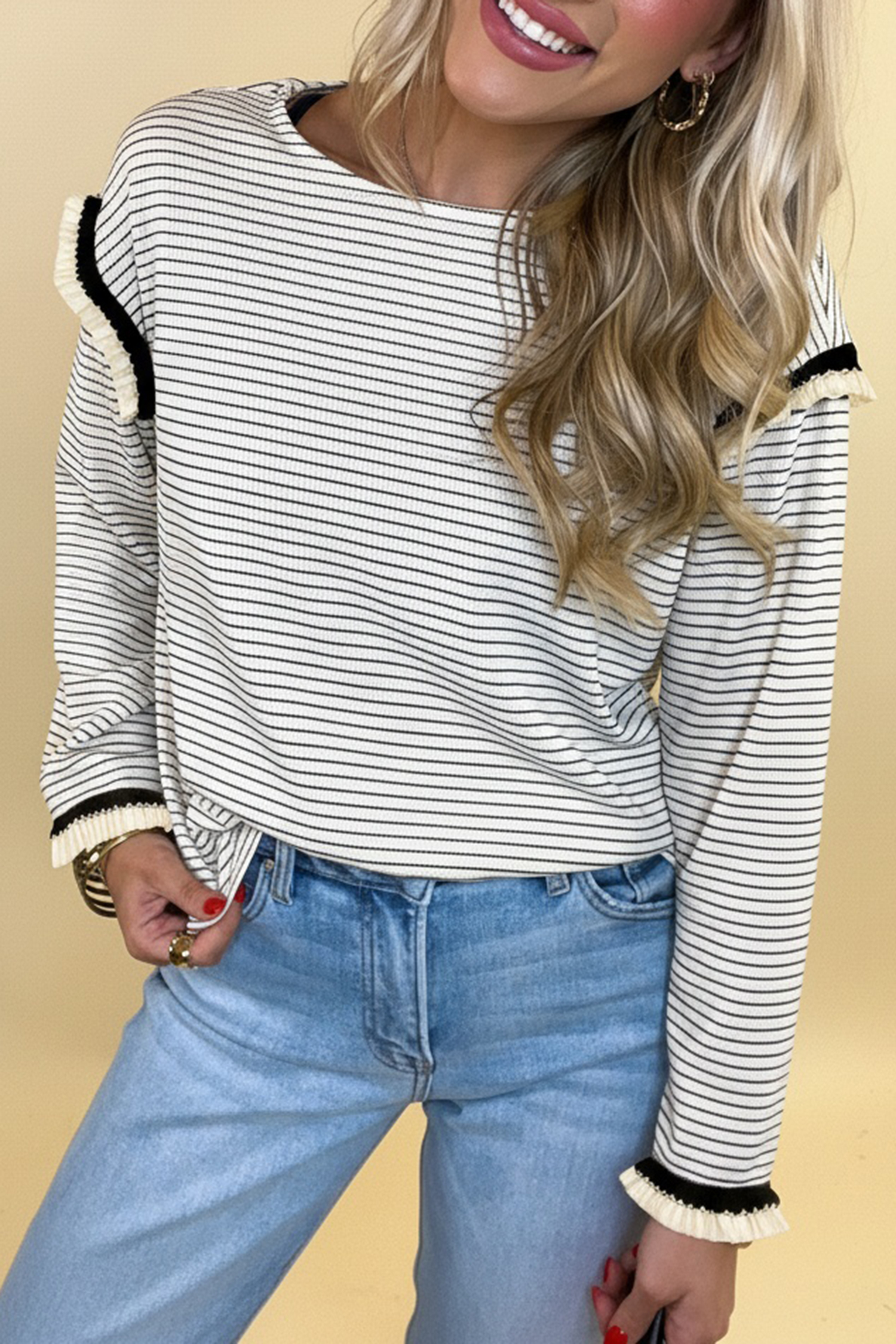 White Stripe Contrasted Ruffle Trim Loose Long Sleeve Top - loveforevers