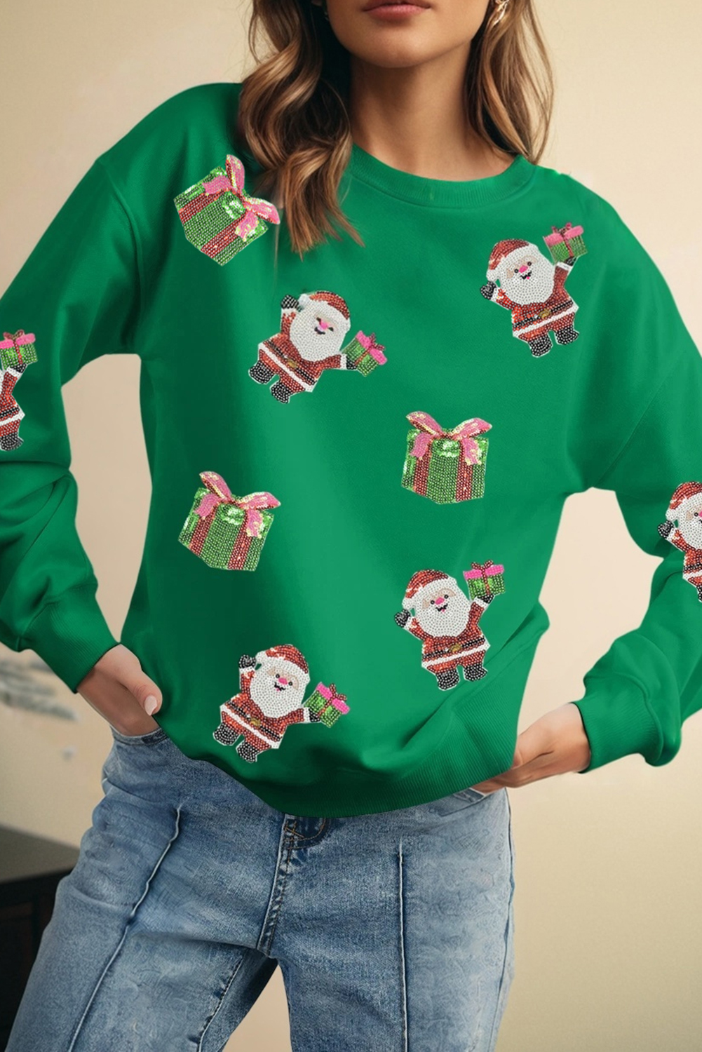 Dark Green Santa Delivering Gifts Christmas Sequin Graphic Sweatshirt - loveforevers