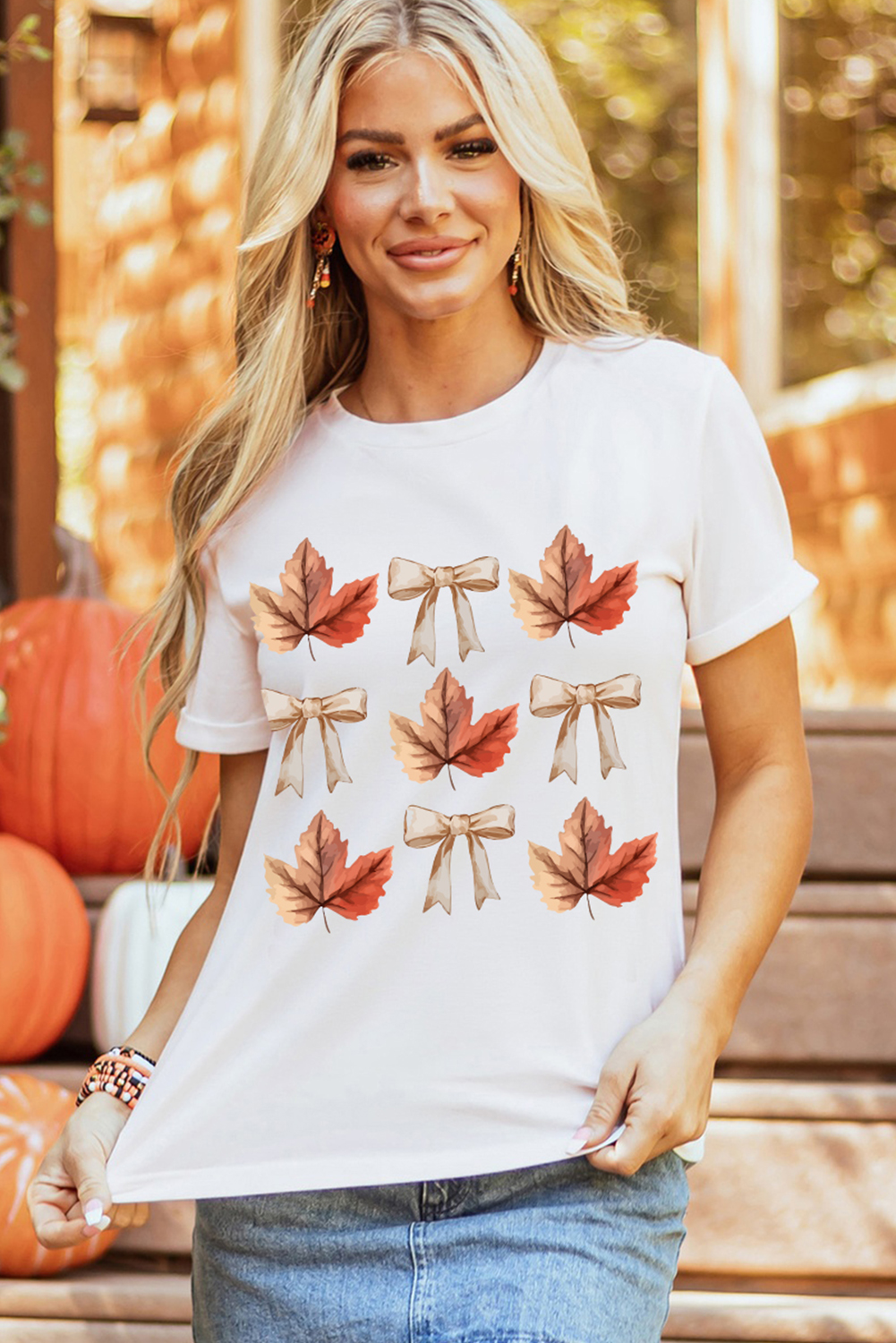 White Fall Leaf Bow Print Thanksgiving T Shirt - loveforevers