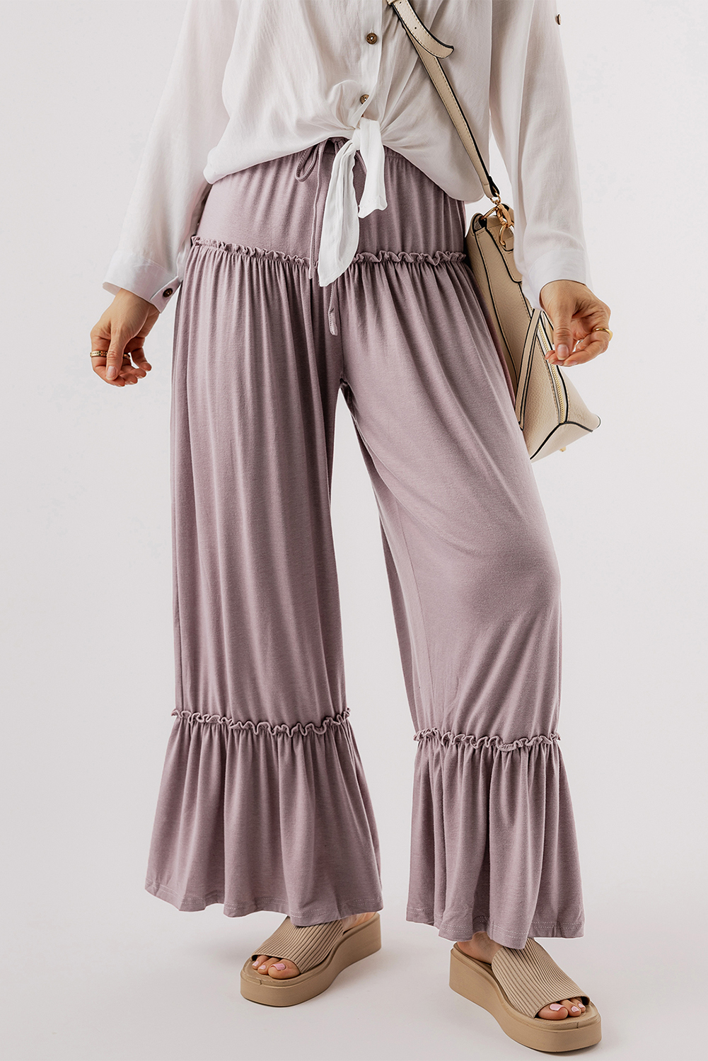 Khaki Frilled Drawstring High Waist Wide Leg Pants - loveforevers