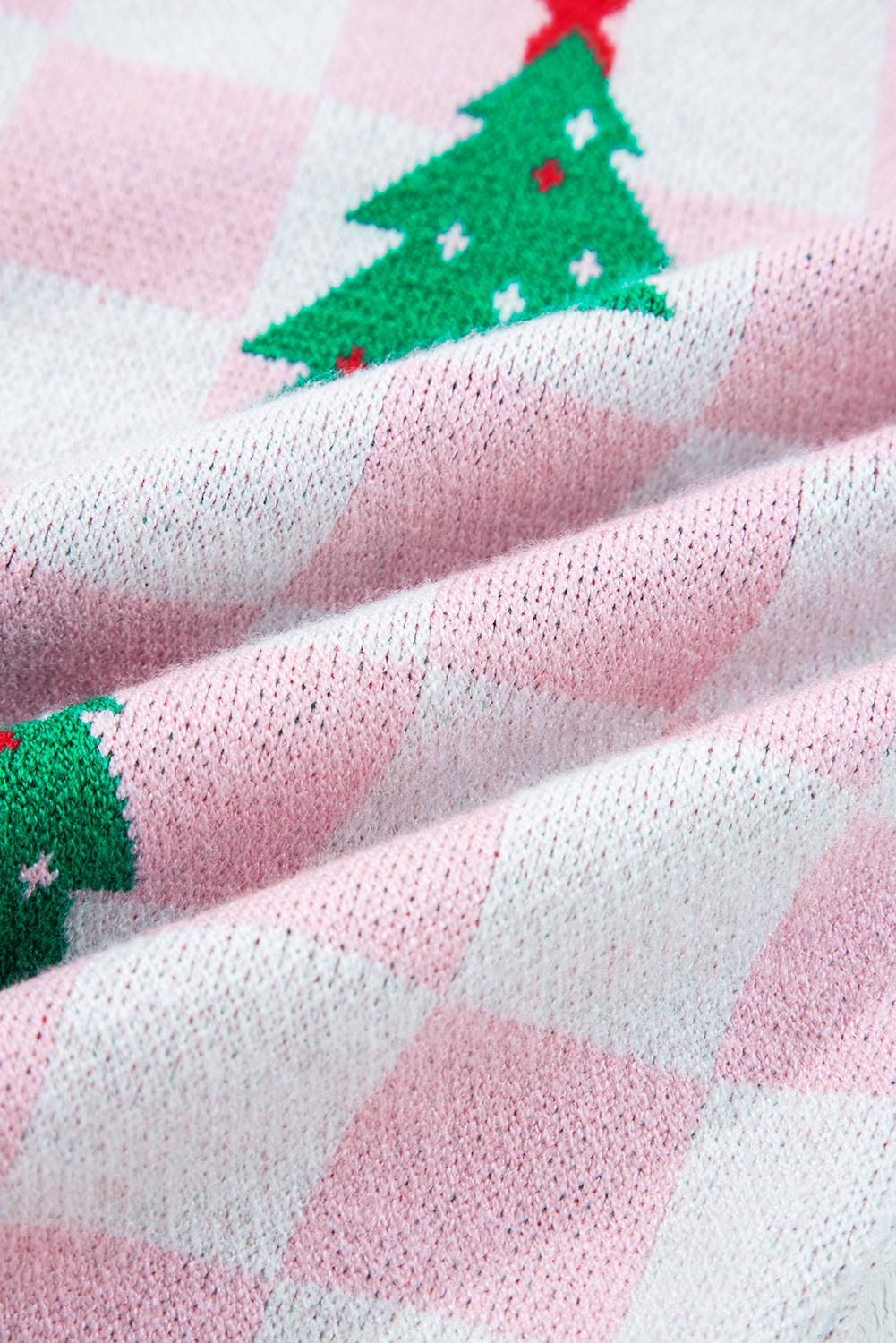 Pink Checkered Christmas Tree Pattern Button V Neck Cardigan Sweater - loveforevers