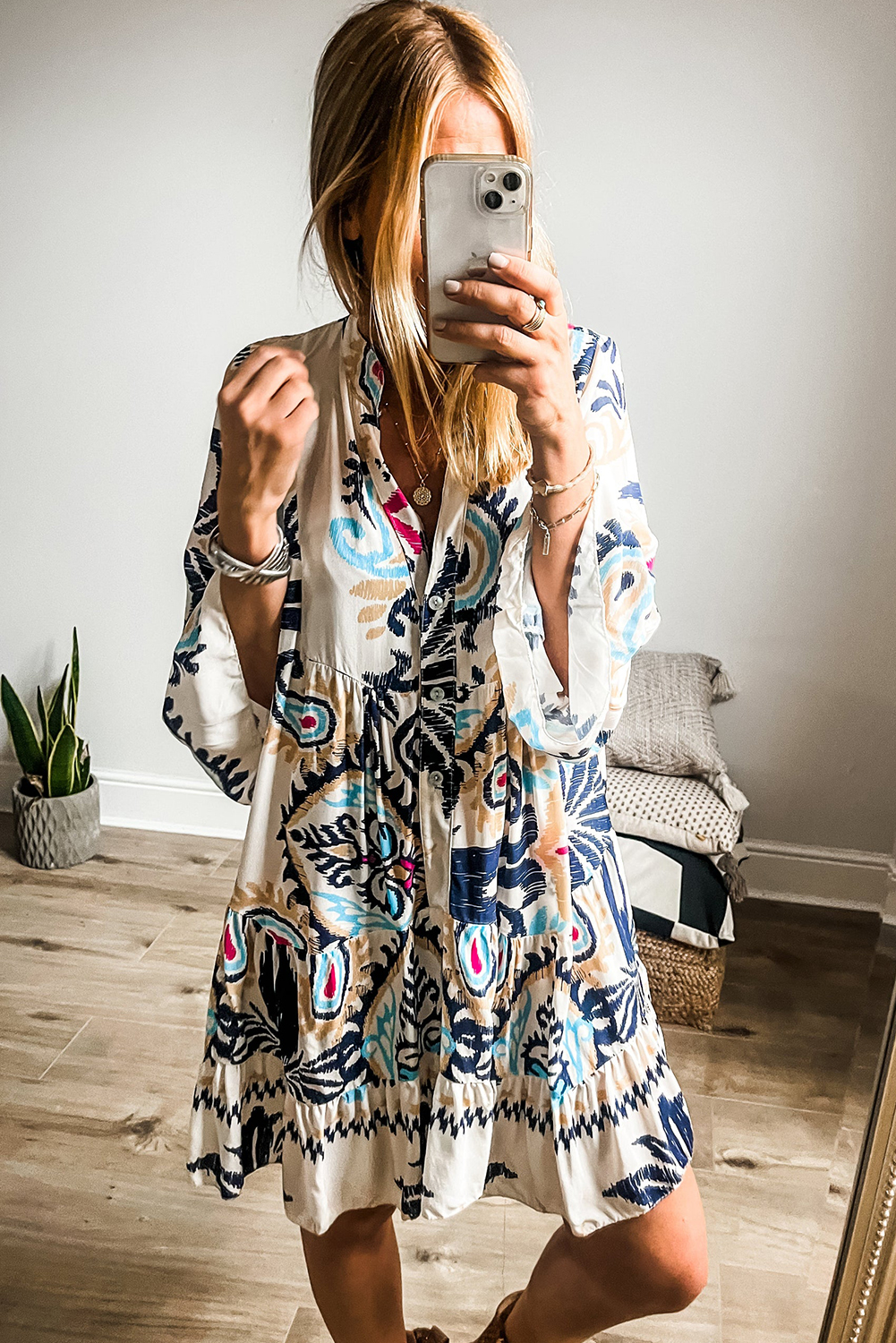 White Printed Tribal Bracelet Sleeve Buttoned Mini Dress - loveforevers