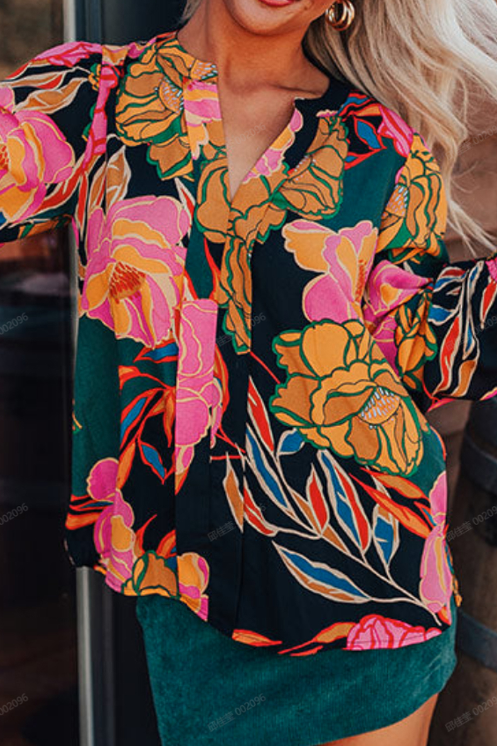 Black Floral Print Smocked Cuffs Puff Sleeve V Neck Blouse - loveforevers
