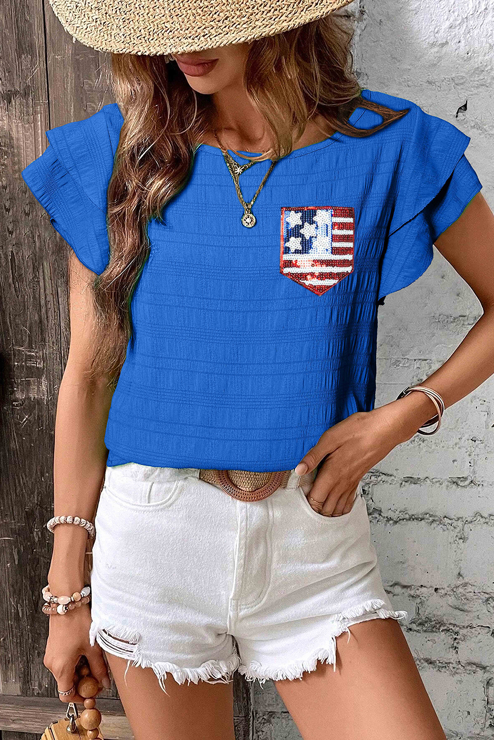 Dark Blue Textured Sequin Stars and Stripes Patched Ruffled Short Sleeve Blouse - loveforevers