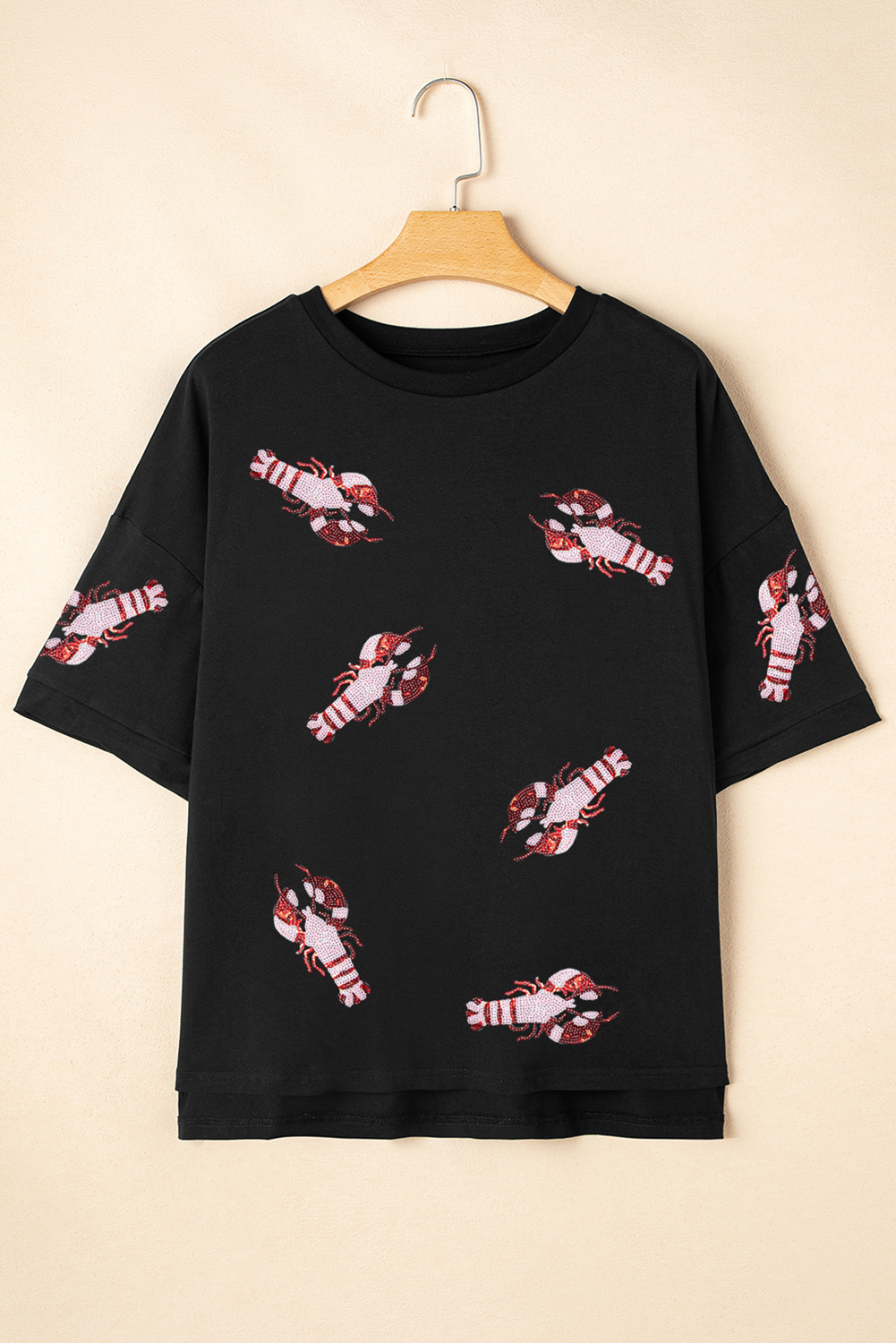Black Sequin Crayfish Graphic Drop Sleeve High Low Tee - loveforevers