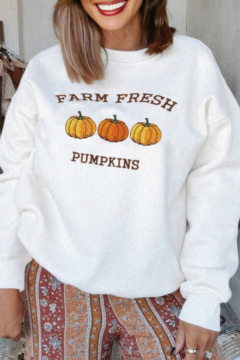 White FARM FRESH PUMPKINS Embroidered Graphic Thanksgiving Holiday Sweatshirt - loveforevers