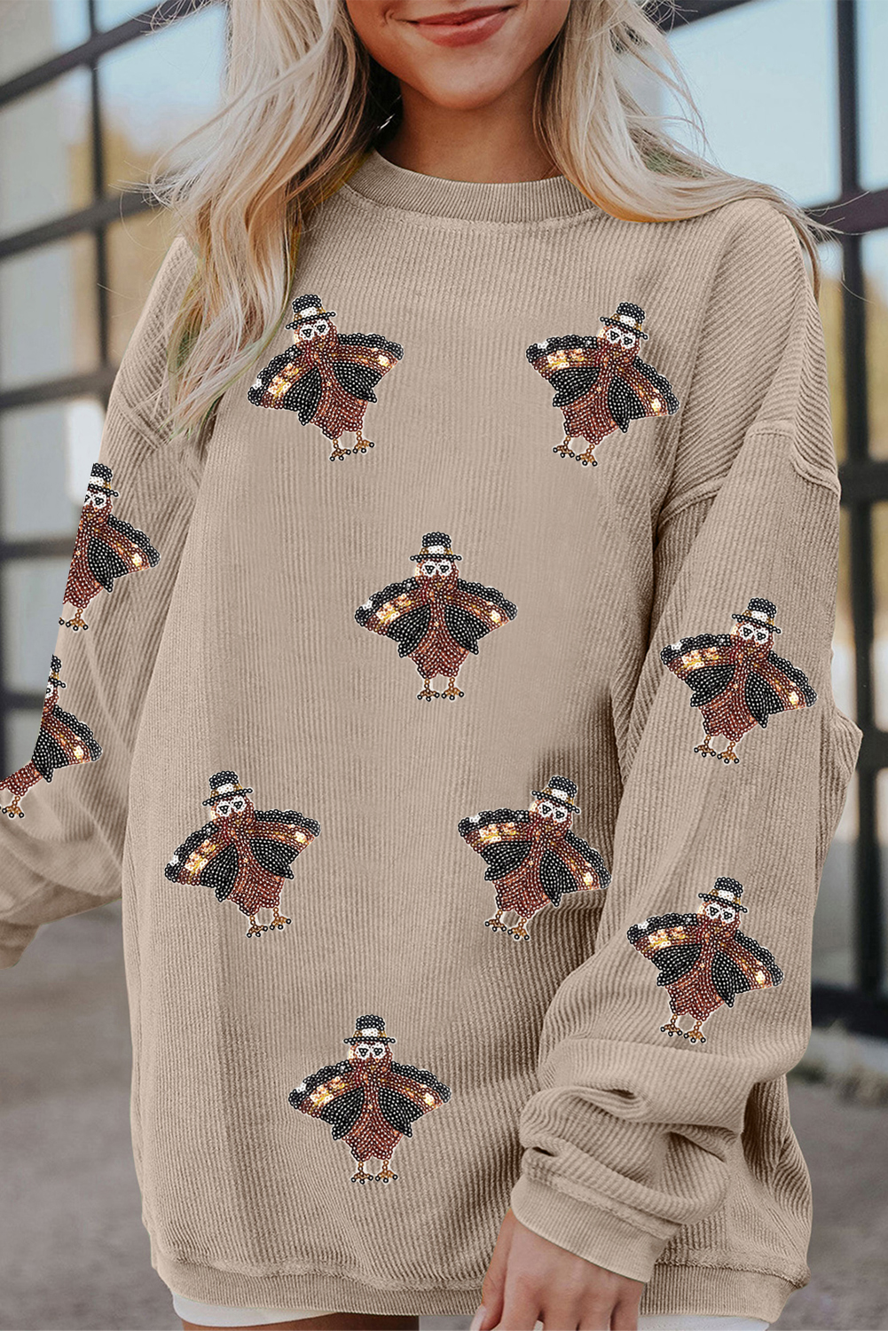 Smoke Gray Twisted Ribbed Sequined Thanksgiving Turkey Graphic Baggy Sweatshirt - loveforevers