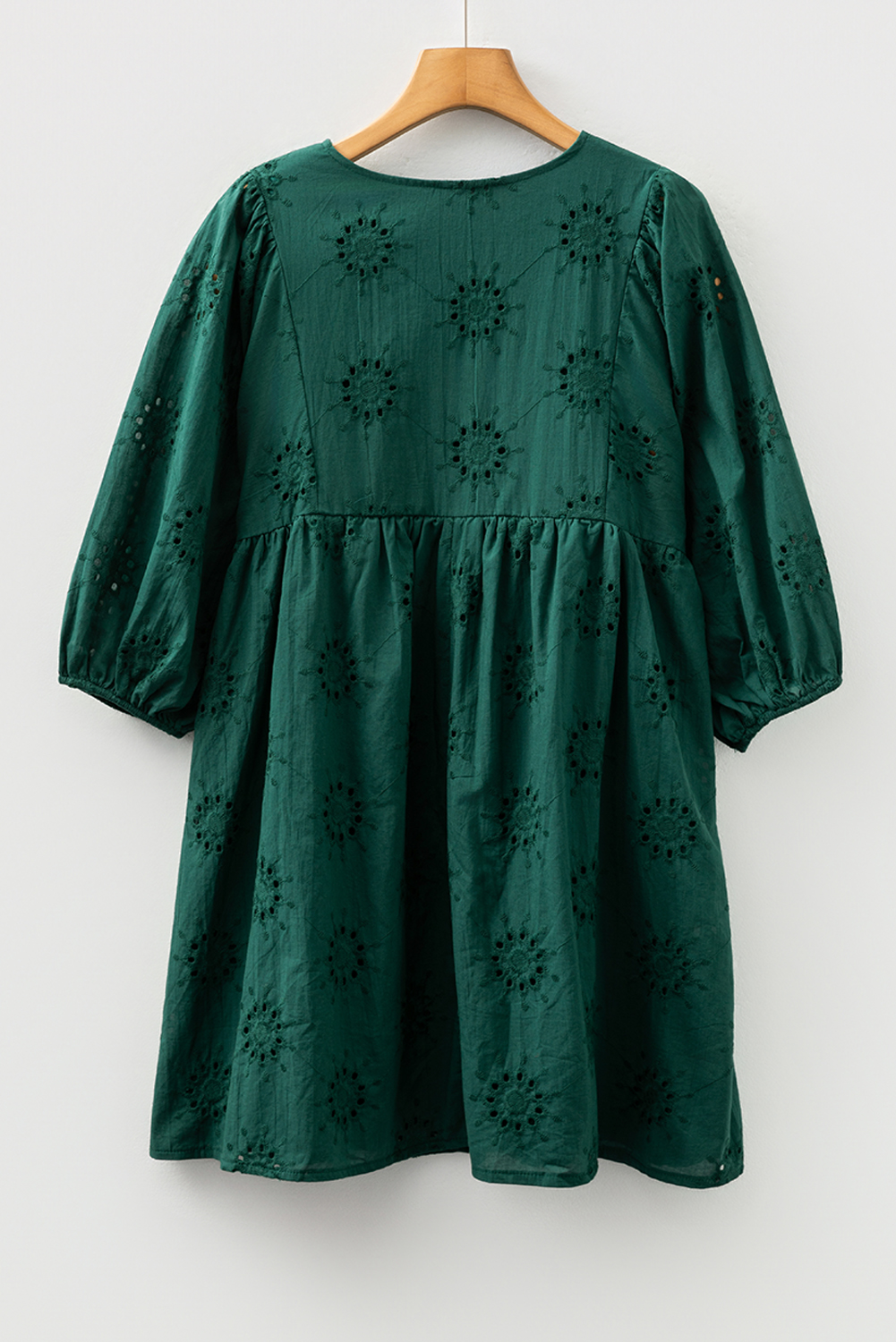 Blackish Green Embroidered Eyelet Pattern 3/4 Puffy Sleeve Swing Mini Dress - loveforevers
