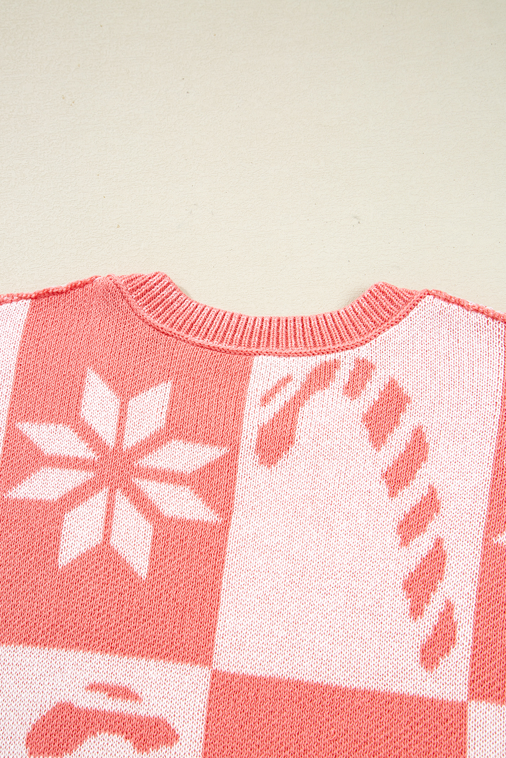 Pink Candycane Snowflake Checker Christmas Holiday Drop Shoulder Tunic Loose Sweater - loveforevers