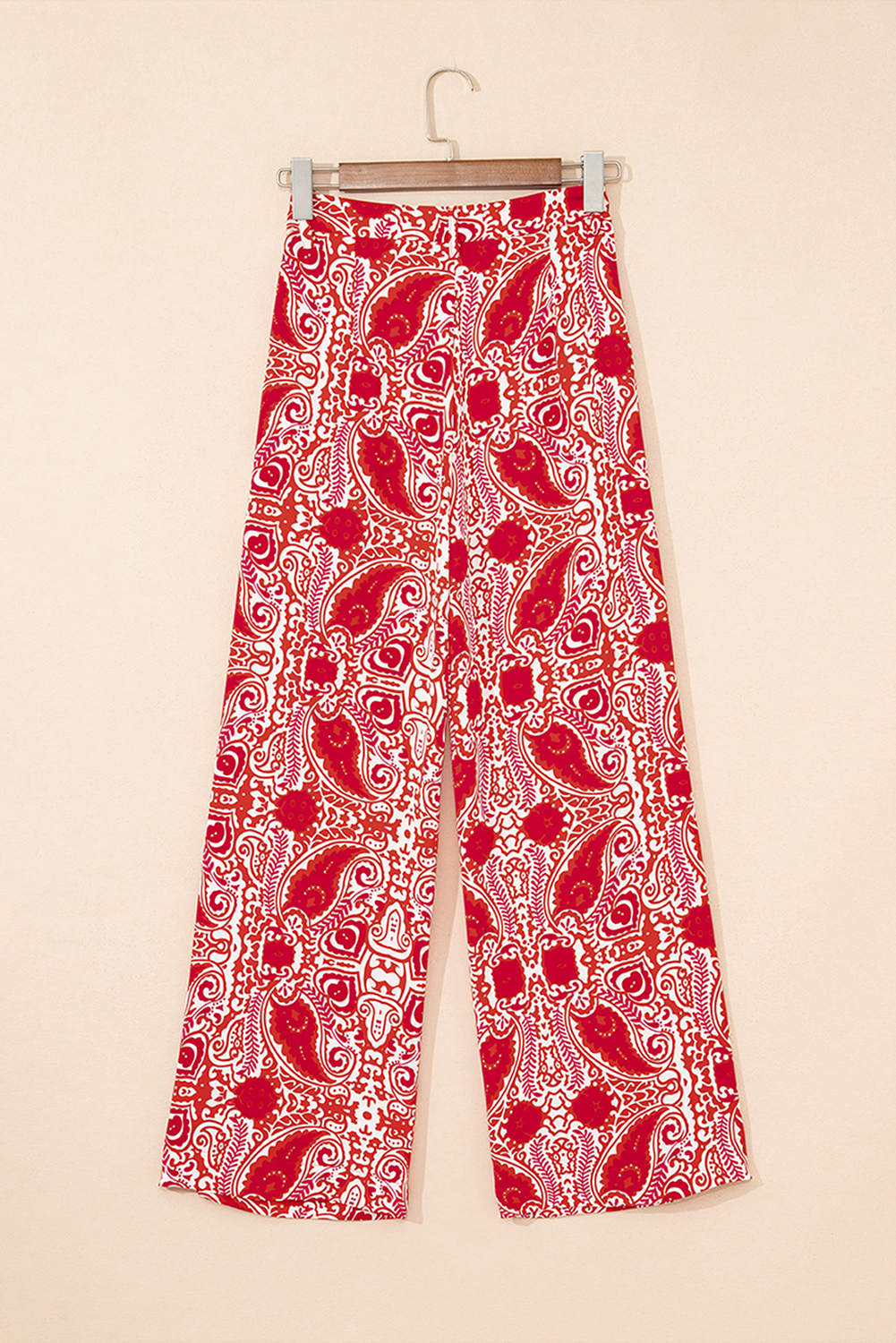 Red Paisley Printed Buttoned High Waist Straight Leg Pants - loveforevers
