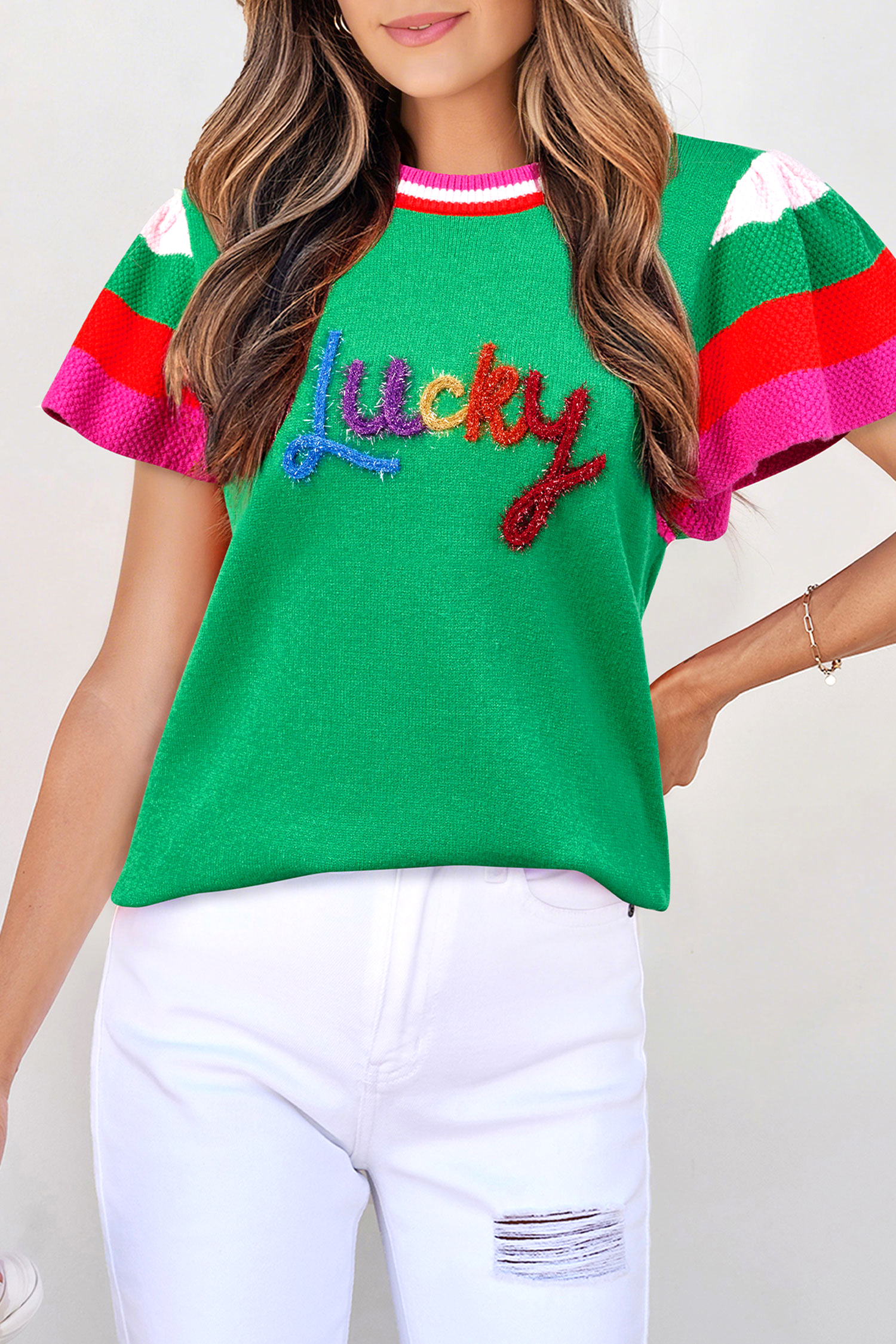 Bright Green Shiny Lucky Striped Flutter Sleeve Round Neck Sweater - loveforevers