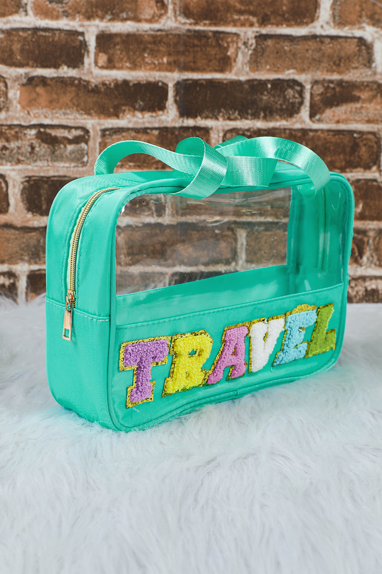 Light Pink TRAVEL Chenille Letter Clear PVC Makeup Bag - loveforevers