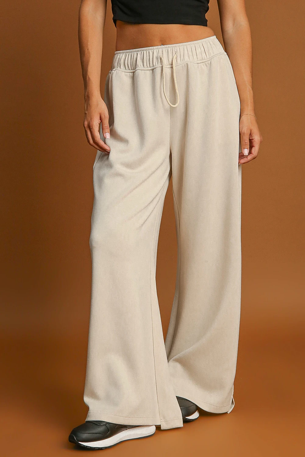 Apricot Loop Drawstring Elastic Waistband Casual Wide Leg Pants - loveforevers