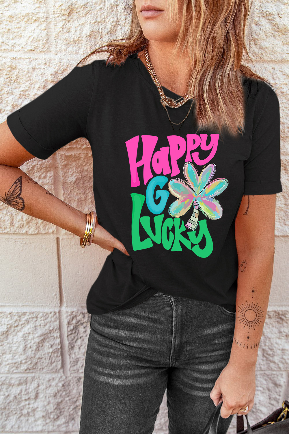Black St. Patricks Lucky Clover Print O Neck T Shirt - loveforevers