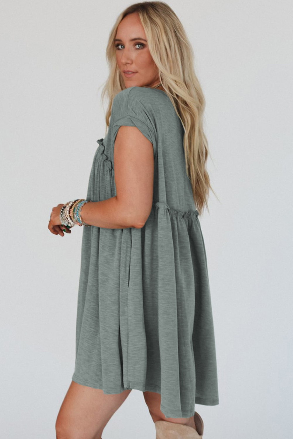 Mist Green Frilled Gathered Seam Round Neck T Shirt Dress - loveforevers