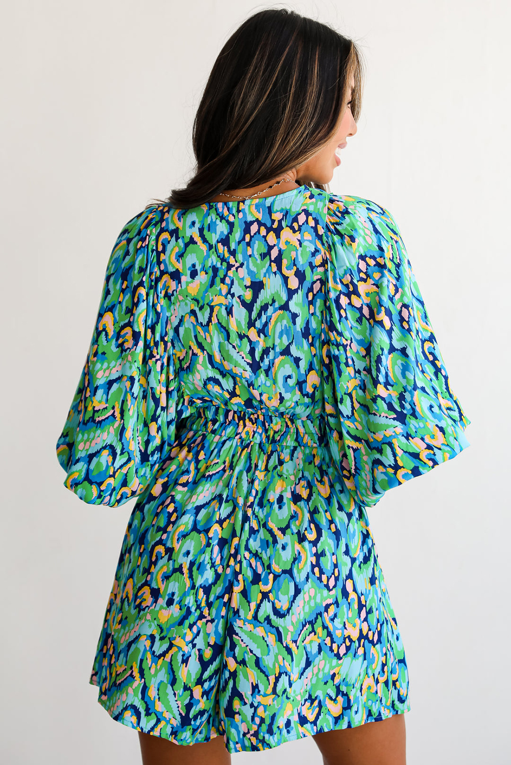 Green Abstract Print Puff Sleeve V Neck High Waist Romper - loveforevers