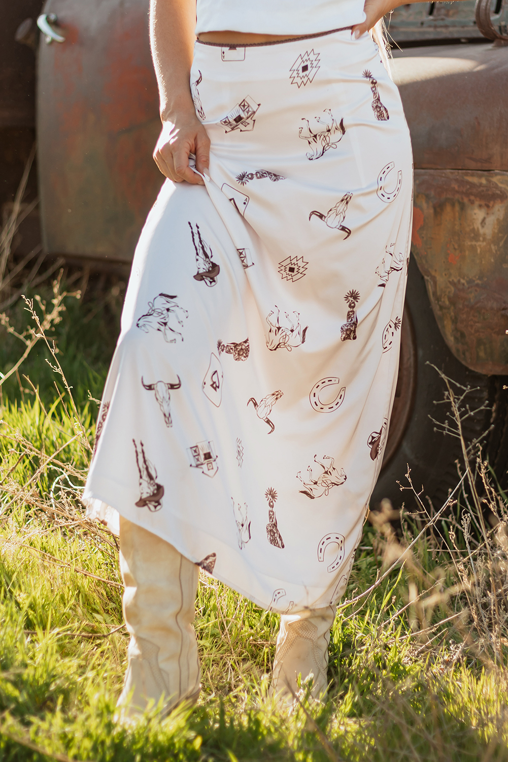 Beige Western Print Satin Long Skirt - loveforevers